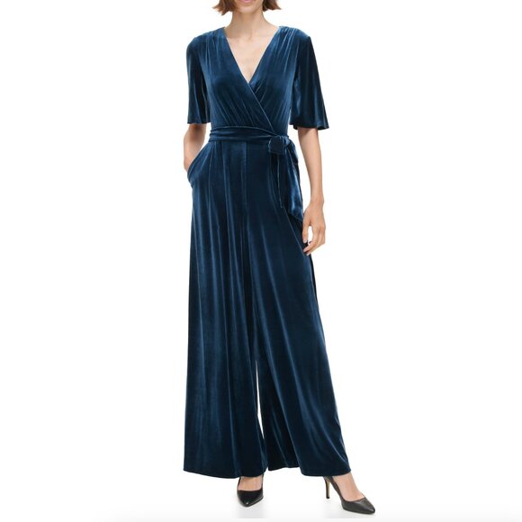Eliza J Solid Velvet Jumpsuit, Blue, Size 8 - Picture 1 of 4